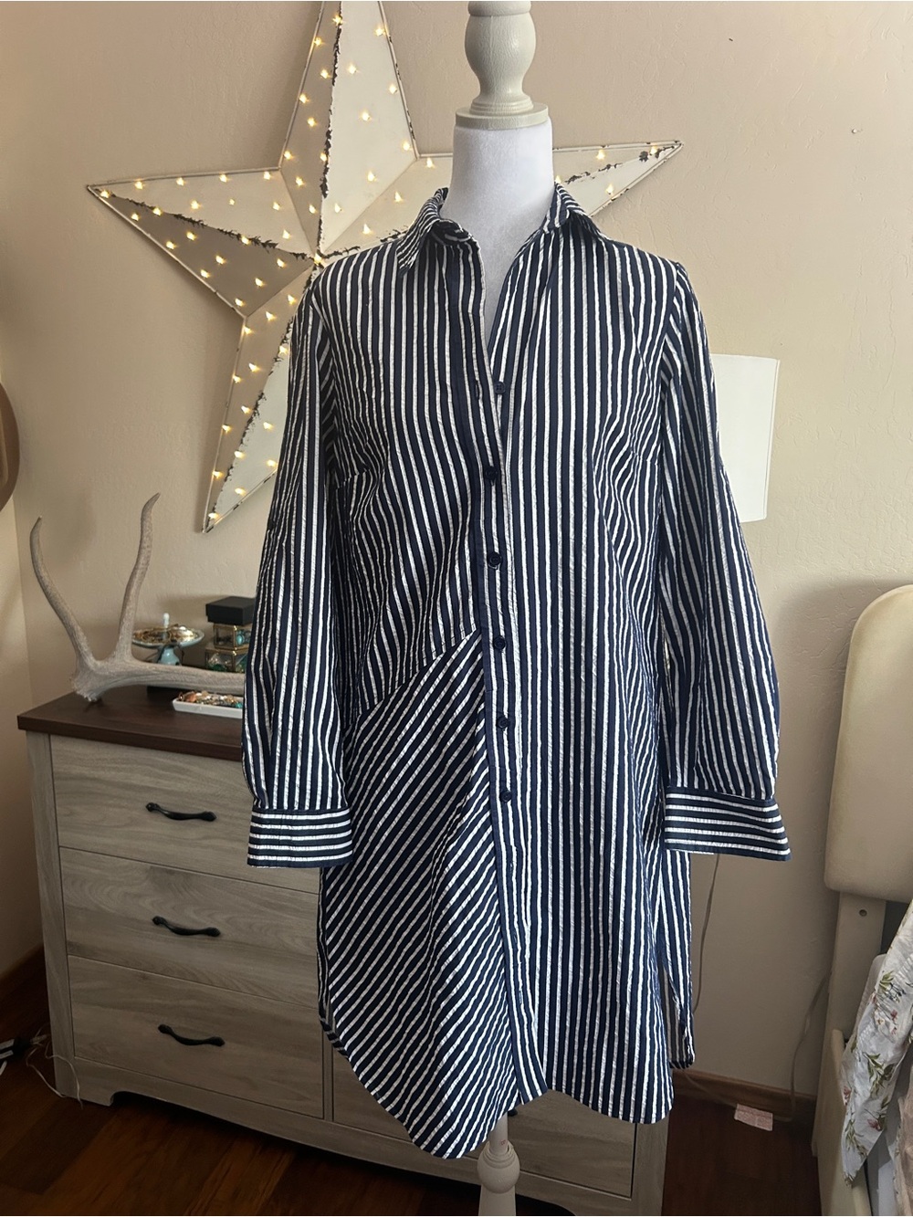 Finley Striped Navy and White Button-Up Shirt Dress